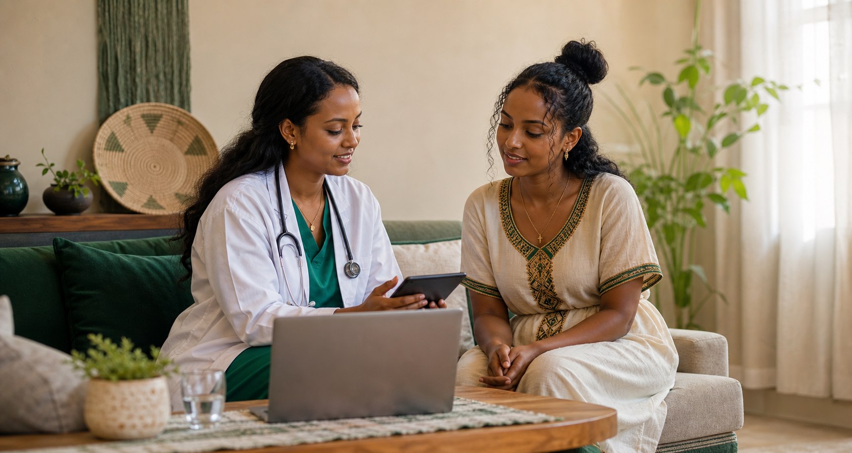 Ethiopian healthcare professional supporting a patient in a private modern space