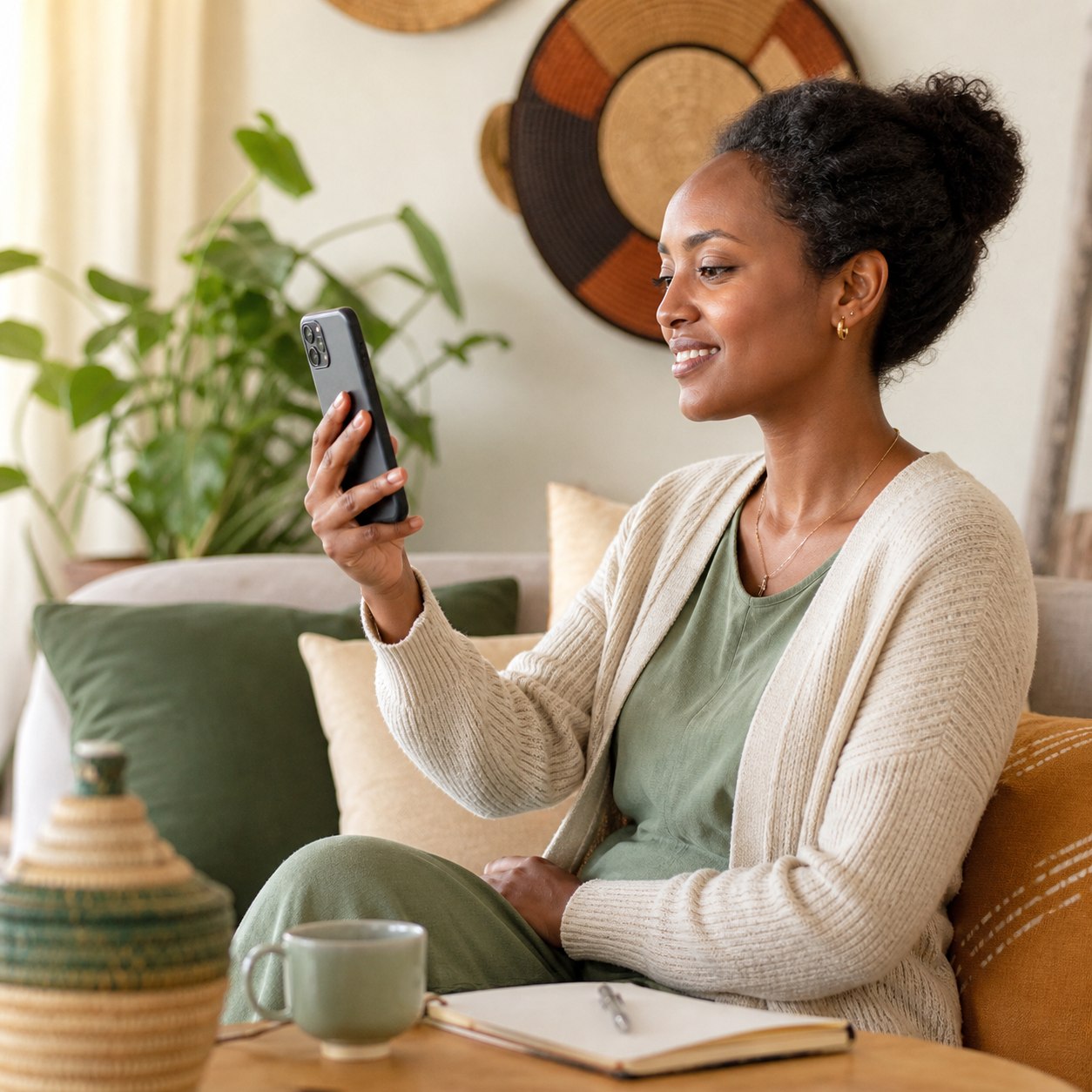 Ethiopian woman starting a private doctor consultation on her phone