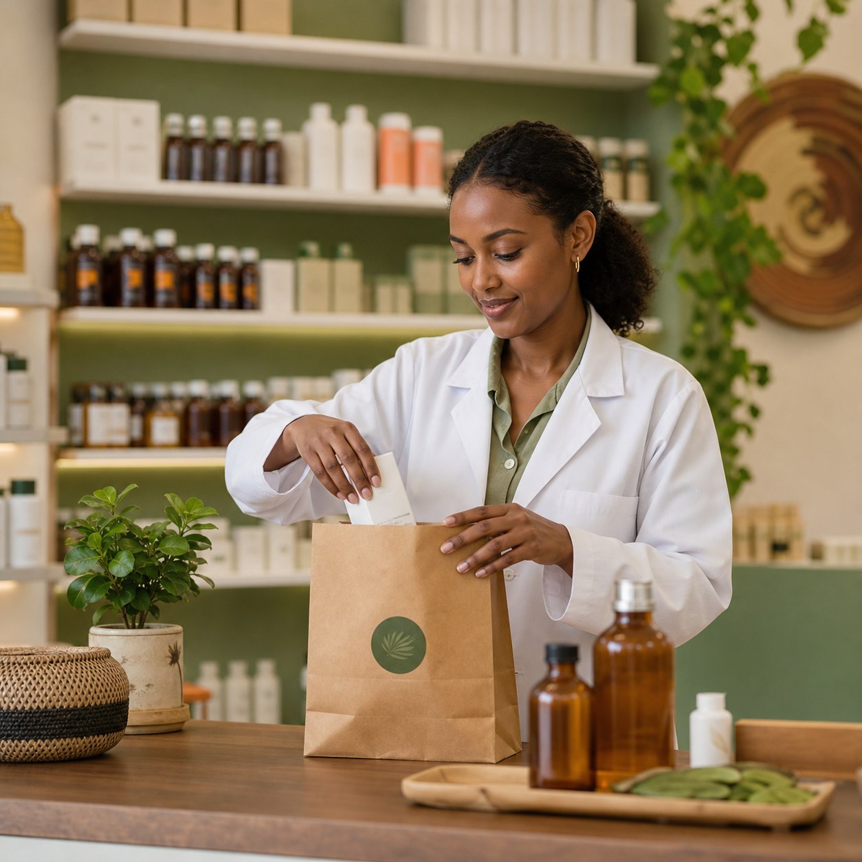 Ethiopian pharmacist preparing a discreet medication delivery package
