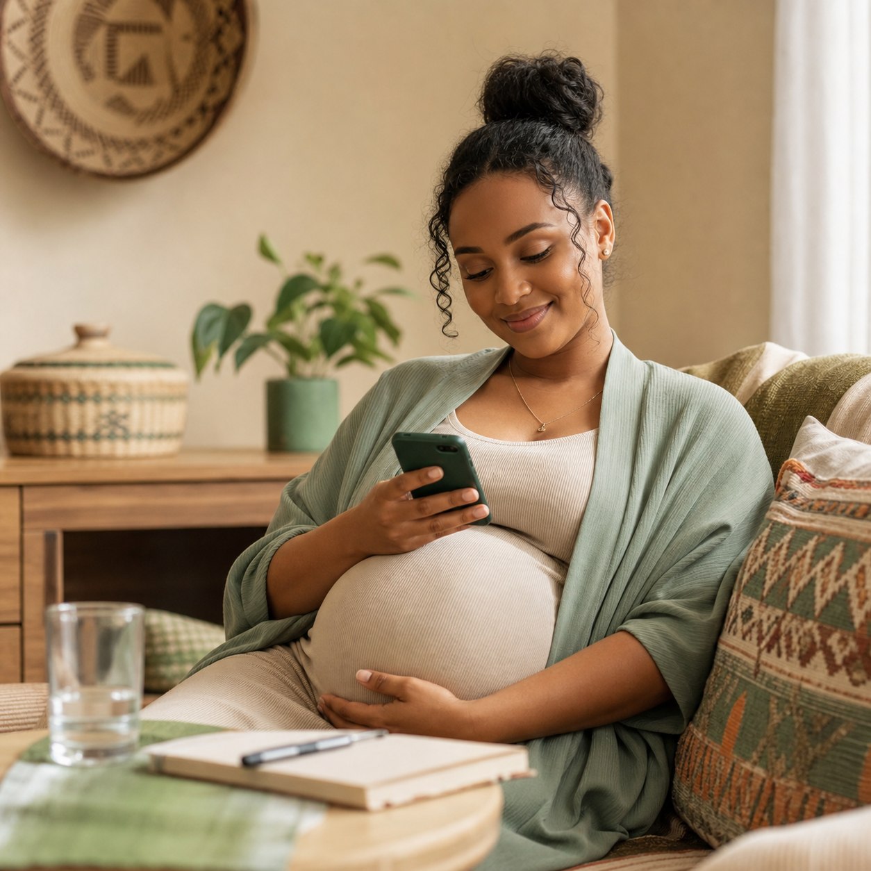 Ethiopian pregnant woman using a health tracking app at home